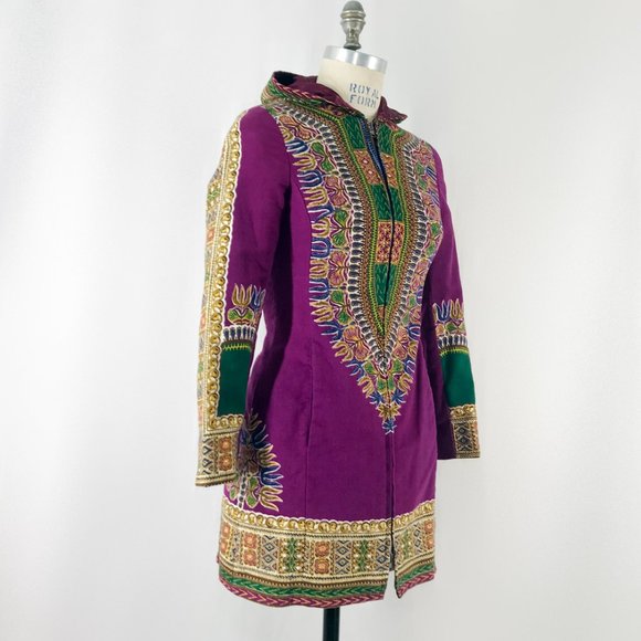 Vintage 70s Hippie Jacket Dashiki Print Purple Utex Hooded Coat - Picture 2 of 9